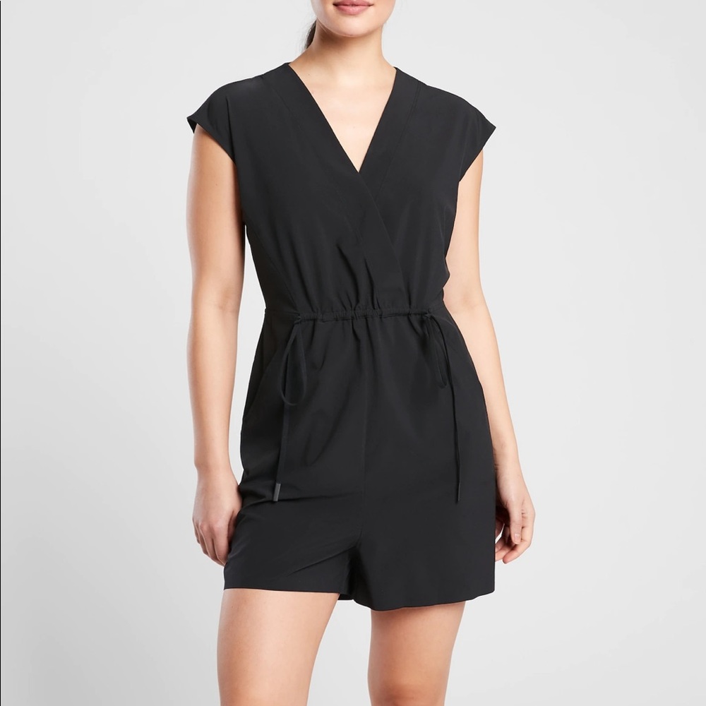 Athleta Black V-Neck Drawstring Romper